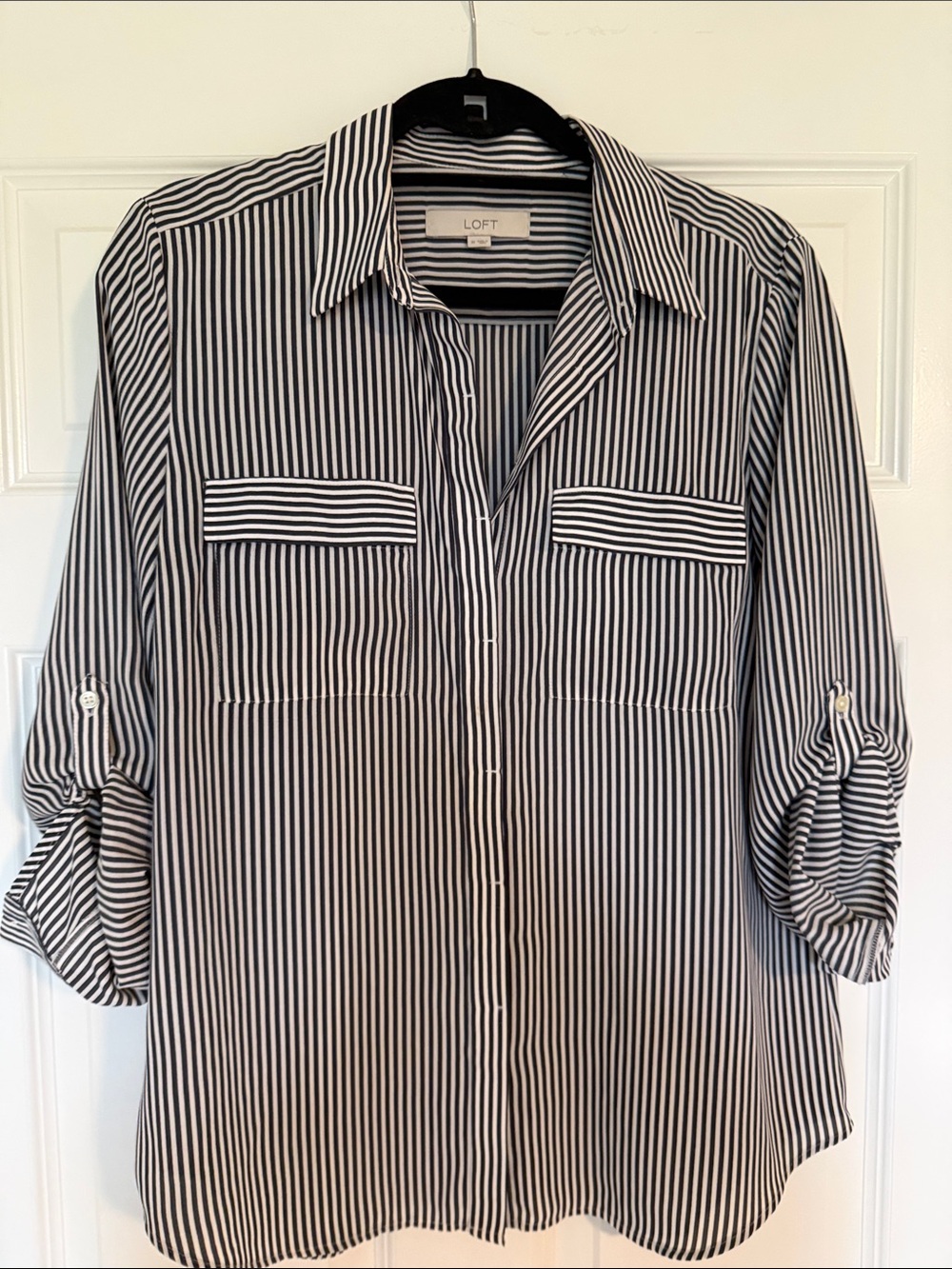 LOFT Black and White Vertical Stripe Button-Down Shirt